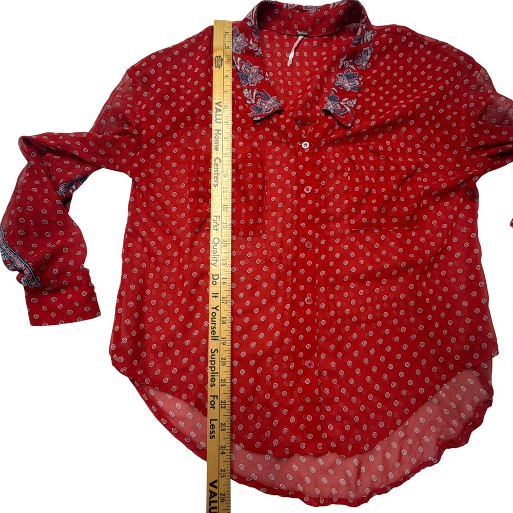 Free People Button Down Red Floral Medallion Sheer Shirt Paisley XS Boho - Picture 7 of 7